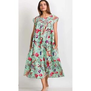 Boho Coastal Tropical Sevya Handmade Midi Dress Women L/XL Green Bird Sleeveless